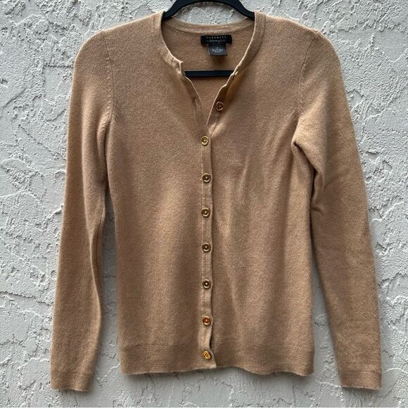 BLOOMINGDALES Cashmere Sweater Cardigan Women XS Tan Neutral Gold Buttons Office - Picture 1 of 6